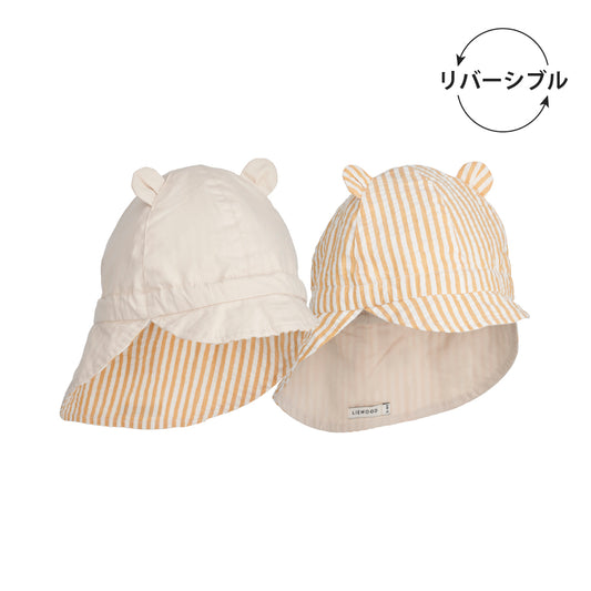 Gorm Reversible Seersucker Sun Hat With Ears -Stripes Yellow mellow